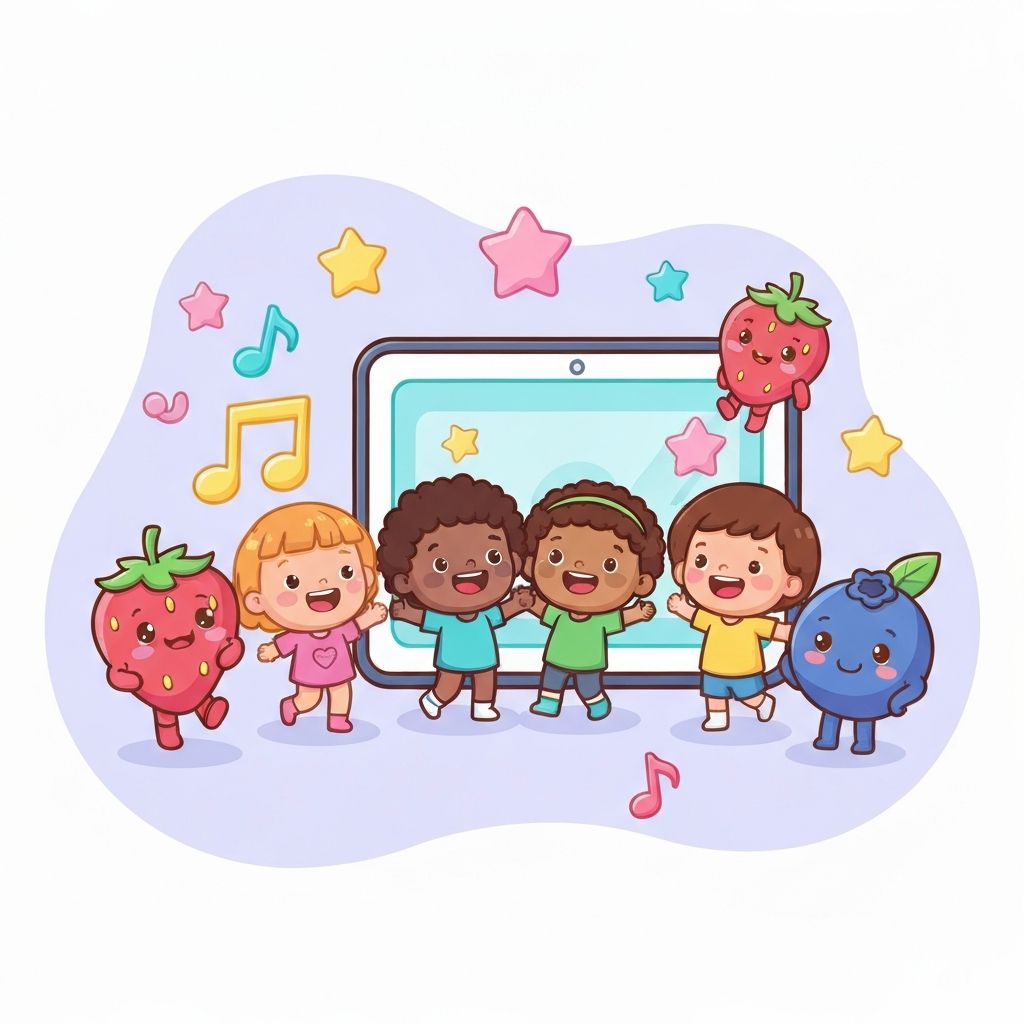 Happy children singing nursery rhymes with music notes and stars in the BabyBerry universe